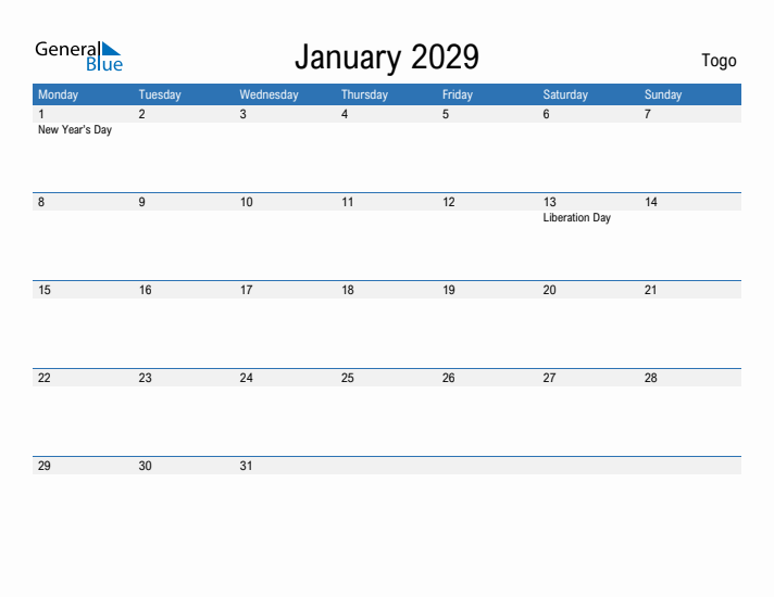 Fillable January 2029 Calendar