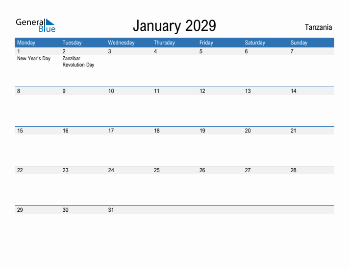 Fillable January 2029 Calendar