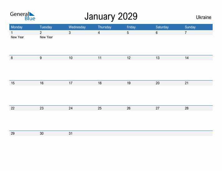 Fillable January 2029 Calendar