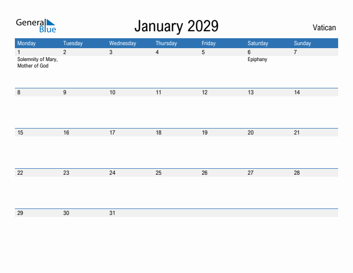 Fillable January 2029 Calendar