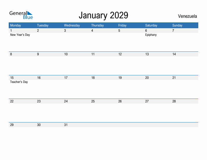 Fillable January 2029 Calendar