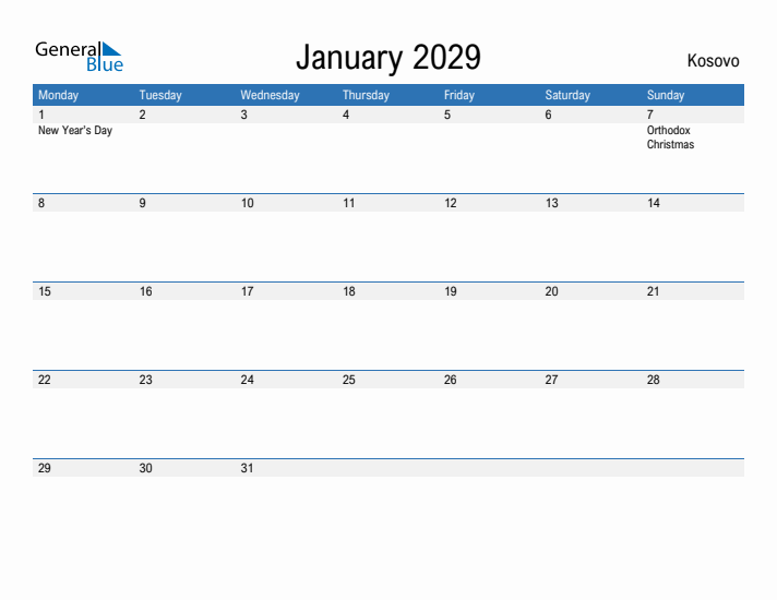 Fillable January 2029 Calendar