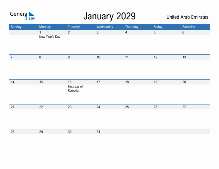 Fillable January 2029 Calendar