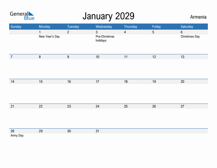 Fillable January 2029 Calendar