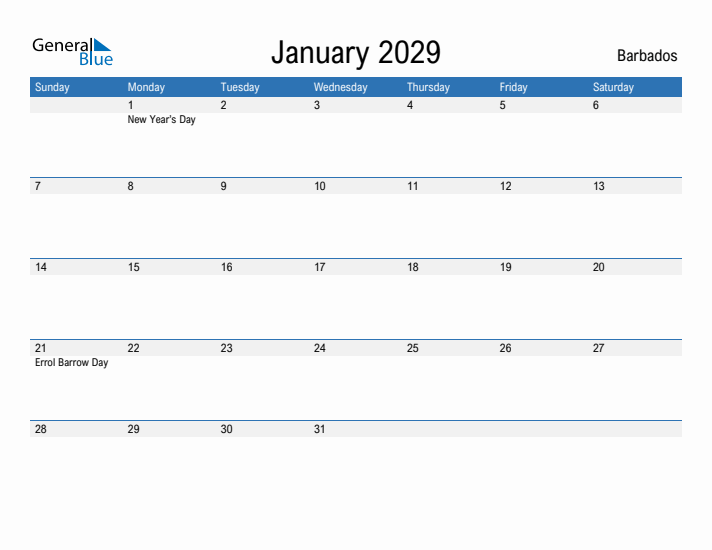 Fillable January 2029 Calendar