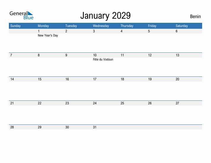 Fillable January 2029 Calendar