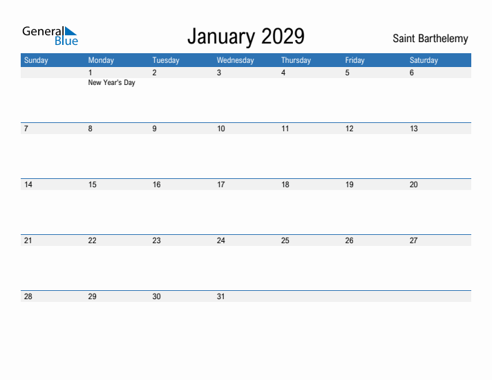 Fillable January 2029 Calendar