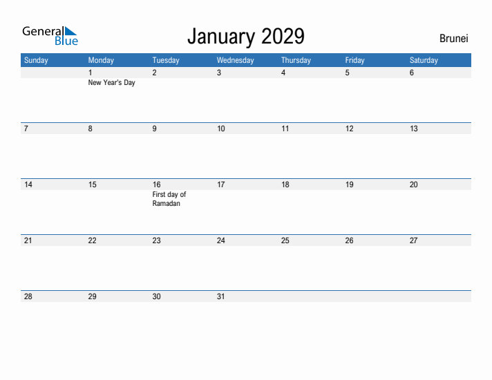 Fillable January 2029 Calendar