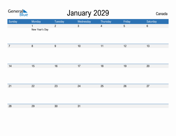 Fillable January 2029 Calendar