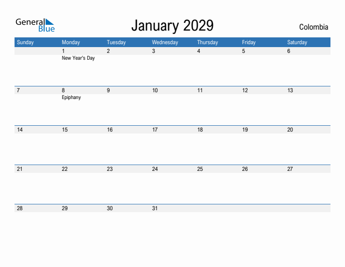 Fillable January 2029 Calendar