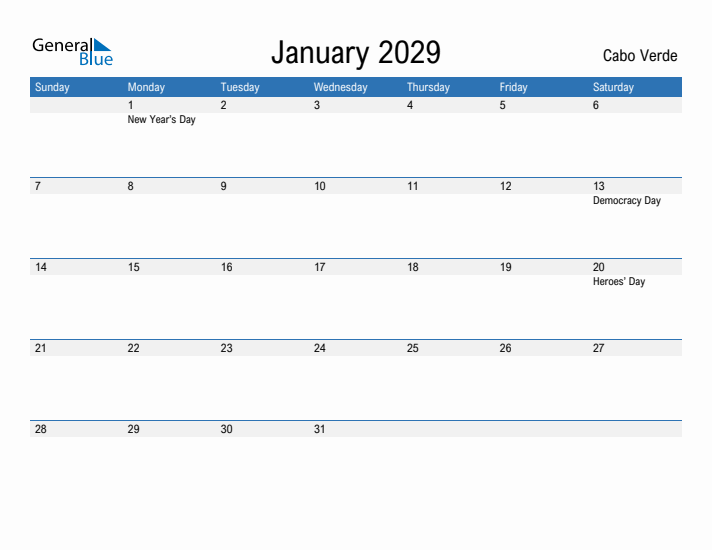 Fillable January 2029 Calendar