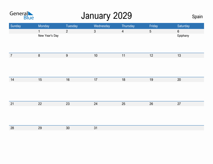 Fillable January 2029 Calendar