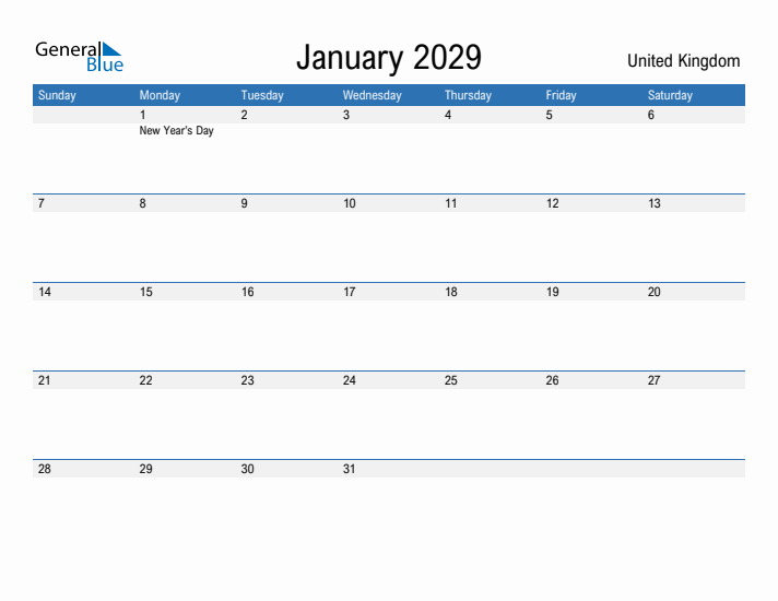 Fillable January 2029 Calendar