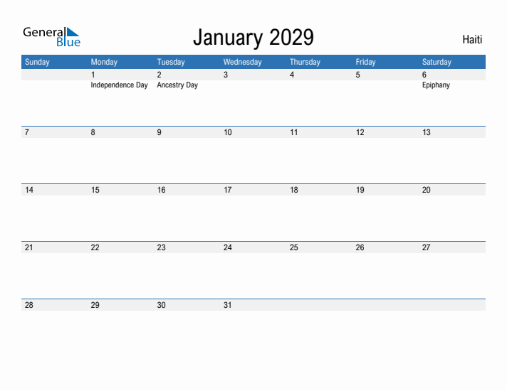 Fillable January 2029 Calendar