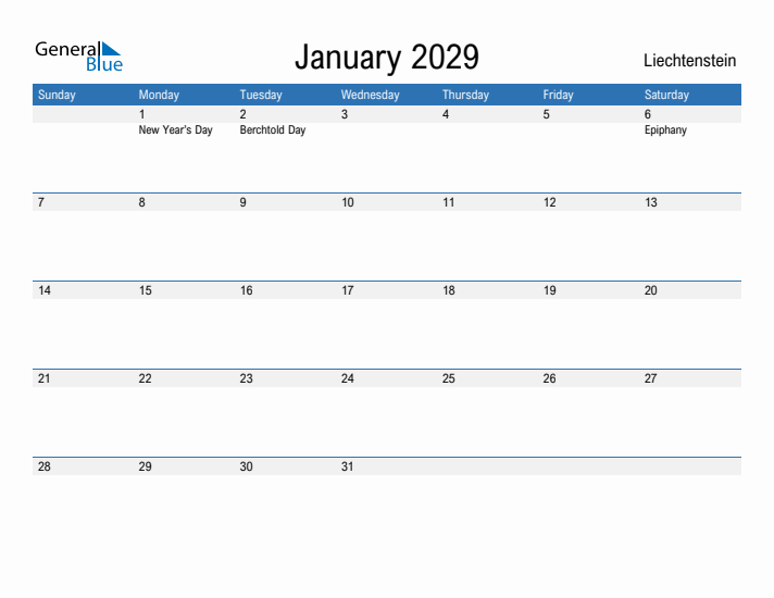 Fillable January 2029 Calendar