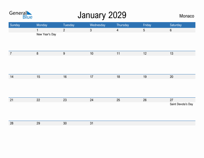 Fillable January 2029 Calendar