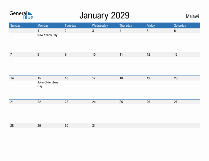 Fillable January 2029 Calendar