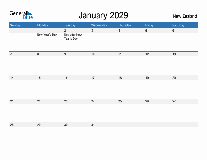 Fillable January 2029 Calendar