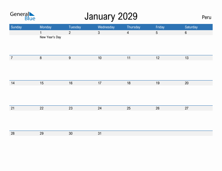 Fillable January 2029 Calendar