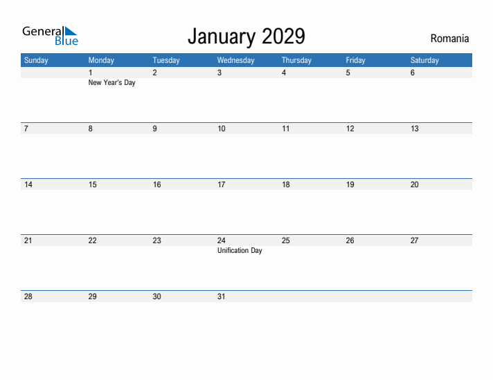 Fillable January 2029 Calendar