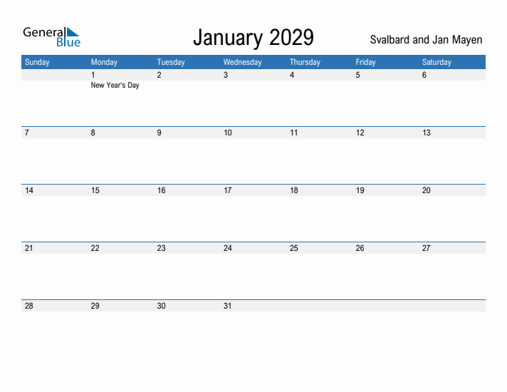 Fillable January 2029 Calendar