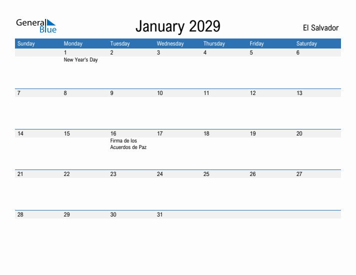 Fillable January 2029 Calendar