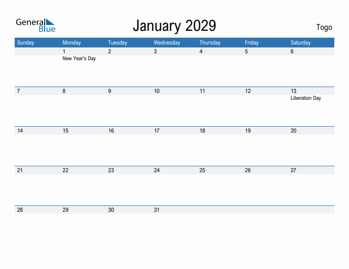 Fillable January 2029 Calendar