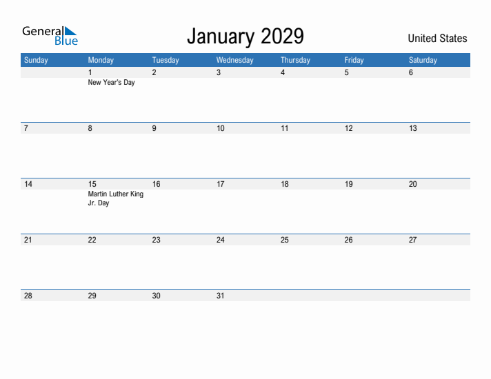 Fillable January 2029 Calendar