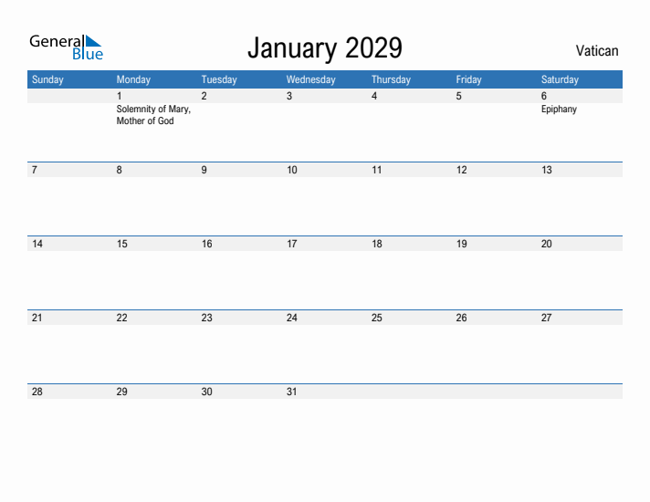 Fillable January 2029 Calendar