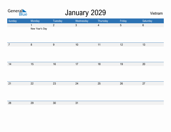 Fillable January 2029 Calendar