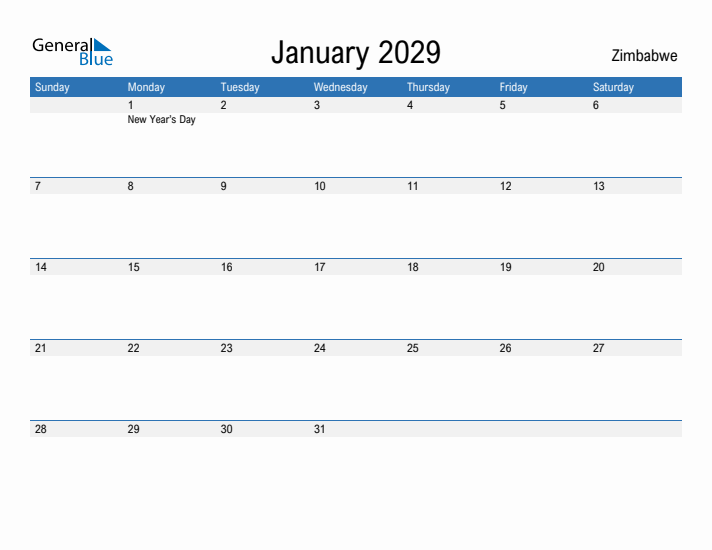 Fillable January 2029 Calendar