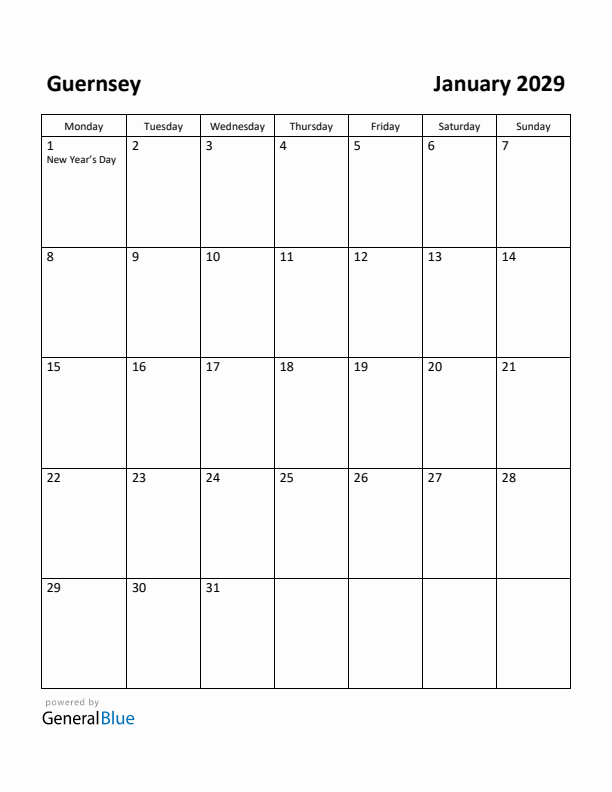 January 2029 Calendar with Guernsey Holidays