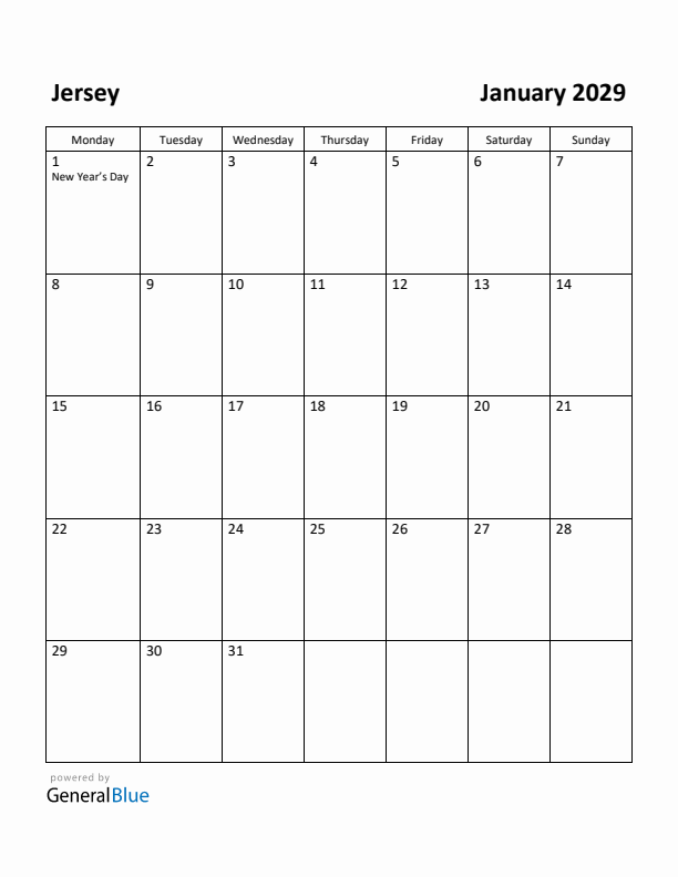 January 2029 Calendar with Jersey Holidays