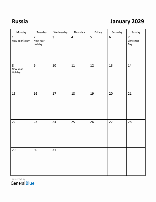 January 2029 Calendar with Russia Holidays