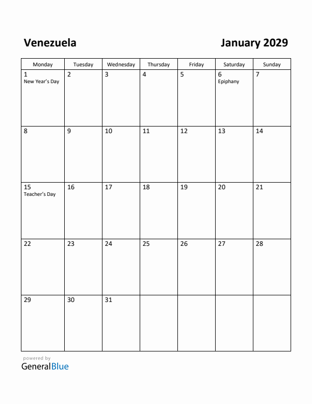 January 2029 Calendar with Venezuela Holidays