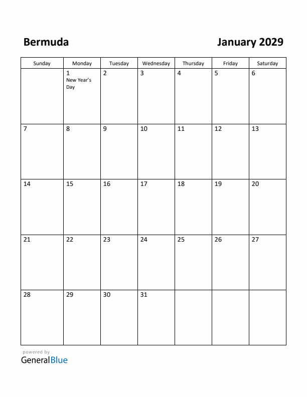 January 2029 Calendar with Bermuda Holidays