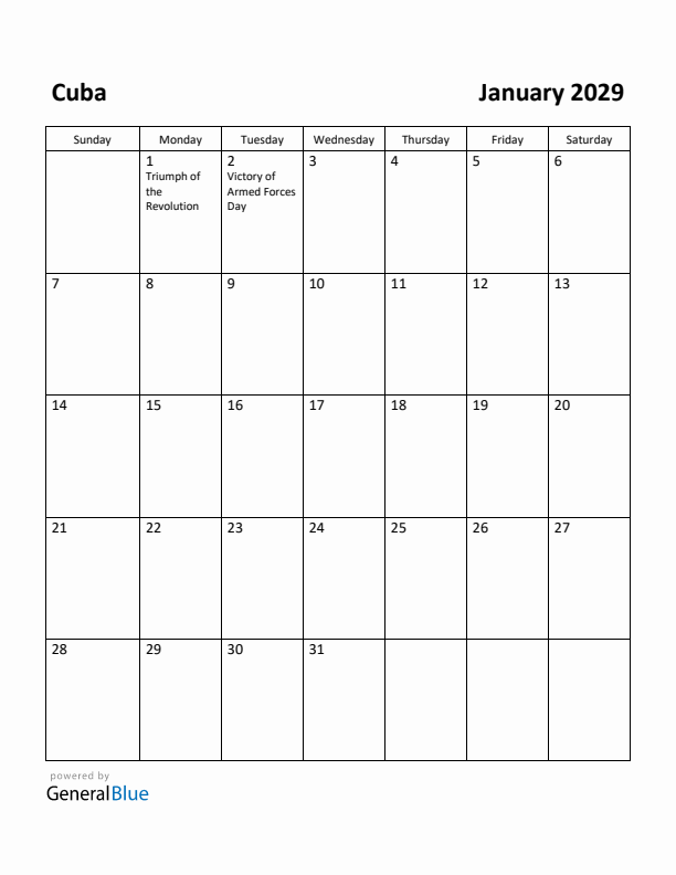 January 2029 Calendar with Cuba Holidays