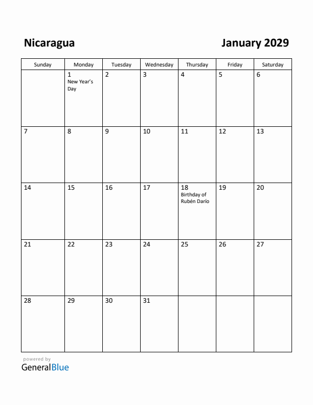 January 2029 Calendar with Nicaragua Holidays