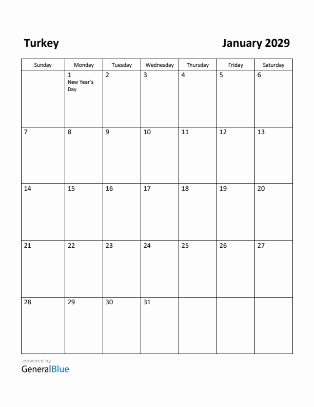 January 2029 Calendar with Turkey Holidays