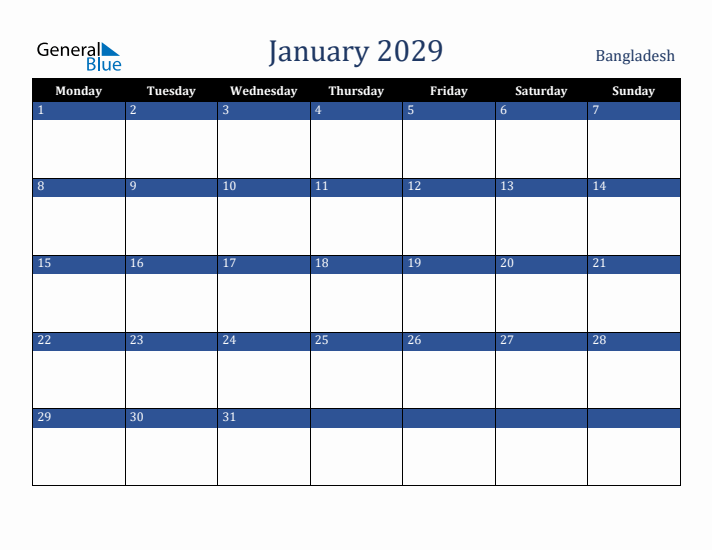 January 2029 Bangladesh Calendar (Monday Start)