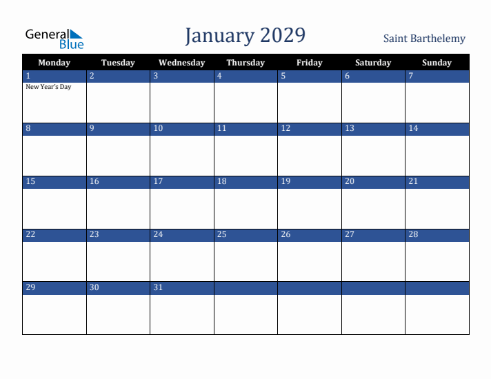 January 2029 Saint Barthelemy Calendar (Monday Start)