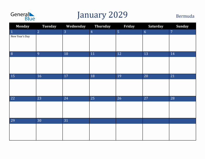 January 2029 Bermuda Calendar (Monday Start)