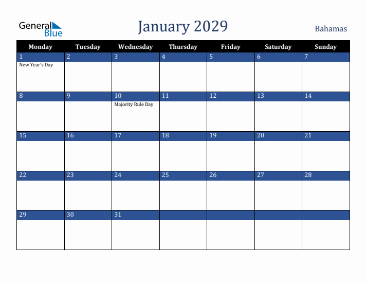 January 2029 Bahamas Calendar (Monday Start)