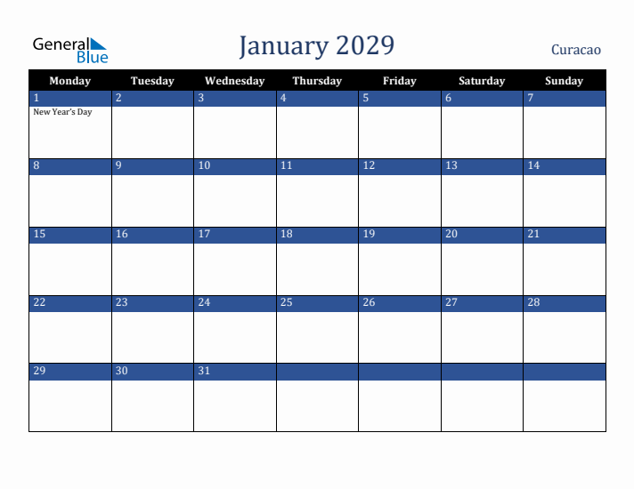 January 2029 Curacao Calendar (Monday Start)