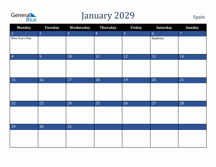 January 2029 Spain Calendar (Monday Start)