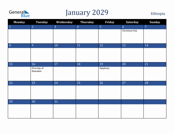 January 2029 Ethiopia Calendar (Monday Start)