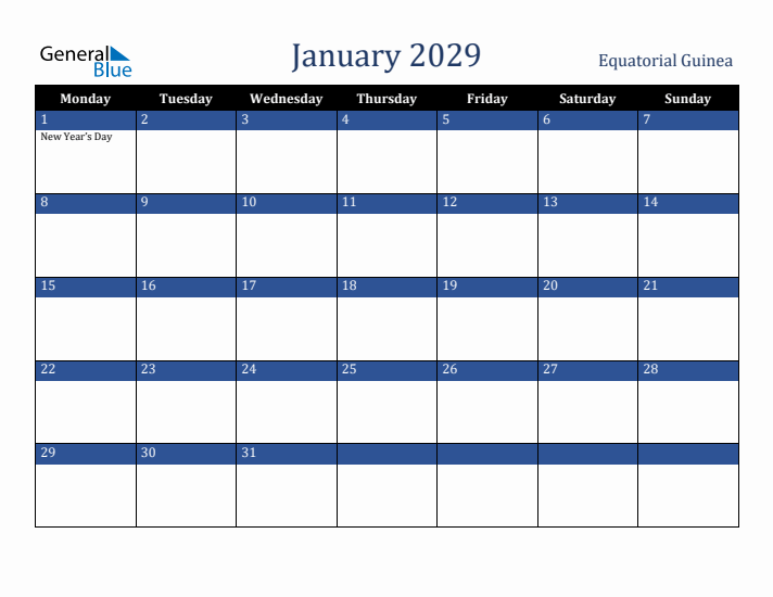 January 2029 Equatorial Guinea Calendar (Monday Start)