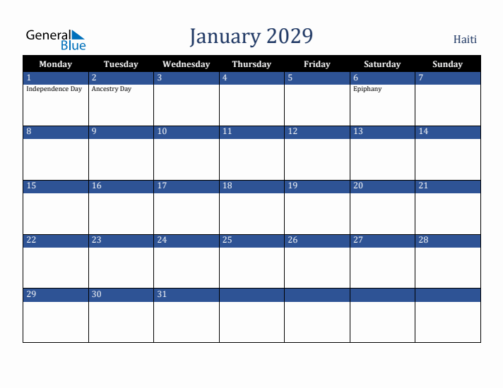 January 2029 Haiti Calendar (Monday Start)