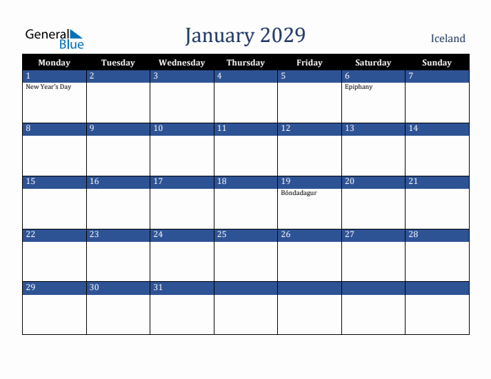 January 2029 Iceland Calendar (Monday Start)