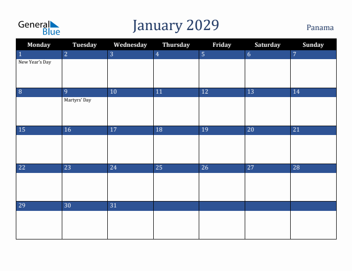 January 2029 Panama Calendar (Monday Start)